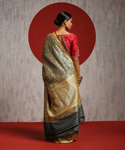 Teal Handloom Pure Katan Silk Banarasi Saree With Kimkhab Weave