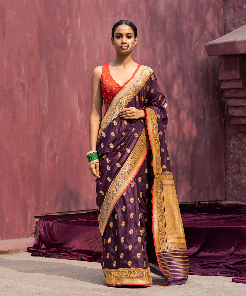 Handloom_Dark_Purple_Pure_Katan_Silk_Banarasi_Saree_With_Cutwork_Booti_WeaverStory_02