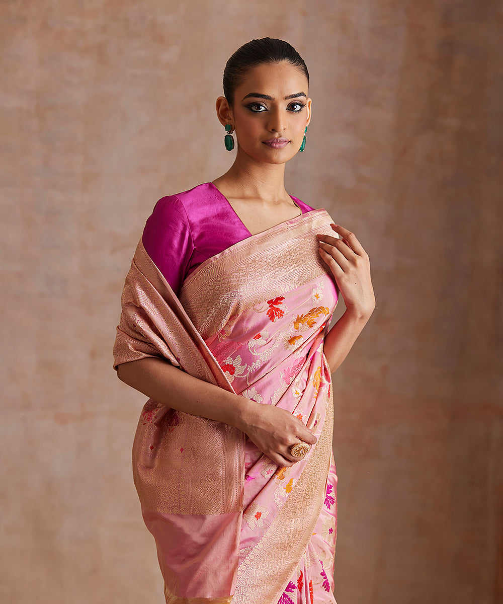 Handloom_Baby_Pink_Pure_Katan_Silk_Banarasi_Saree_With_Multicolor_Meena_Jaal_WeaverStory_01