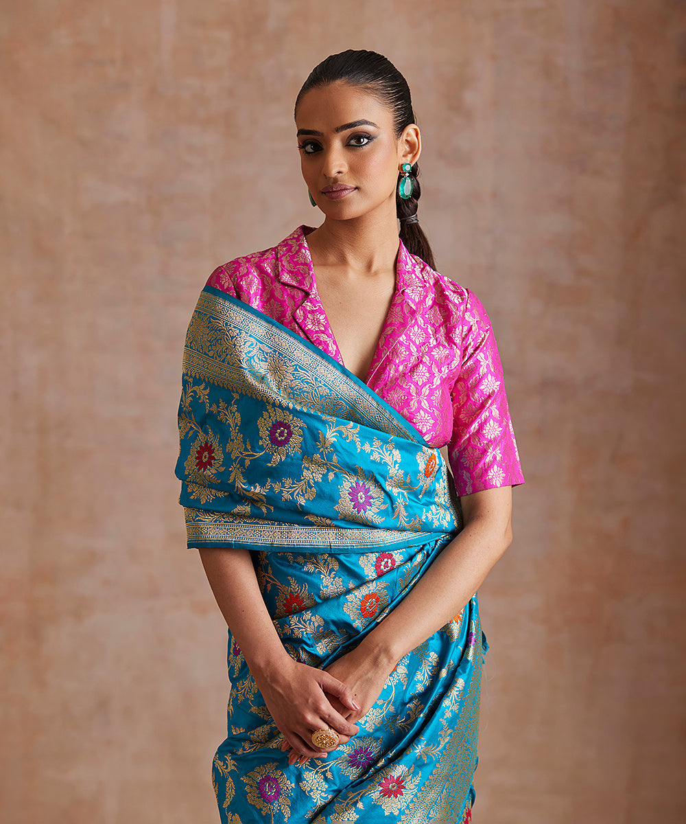 Blue_Handloom_Pure_Katan_Silk_Banarasi_Saree_With_Multicolor_Meena_Jaal_WeaverStory_01