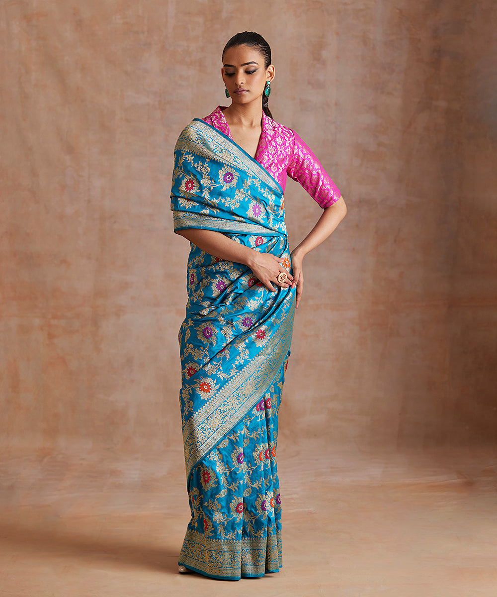 Blue_Handloom_Pure_Katan_Silk_Banarasi_Saree_With_Multicolor_Meena_Jaal_WeaverStory_03