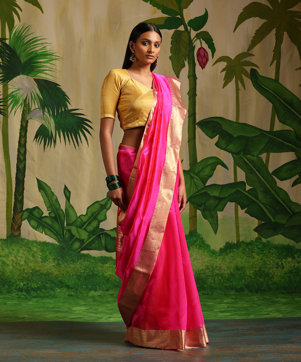 Handloom_Hot_Pink_Plain_Pure_Silk_Chanderi_Saree_With_Zari_Border_WeaverStory_02