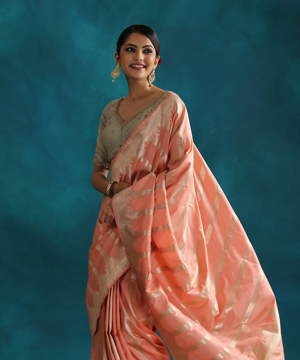 Peach_Handloom_Pure_Katan_Silk_Banarasi_Saree_With_Gold_Zari_Bel_WeaverStory_01