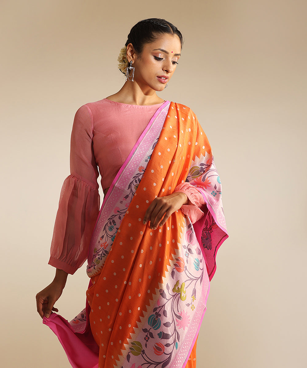 Orange_Handloom_Tussar_Georgette_Banarasi_Saree_With_Multi_Color_Meenakari_Border_WeaverStory_01