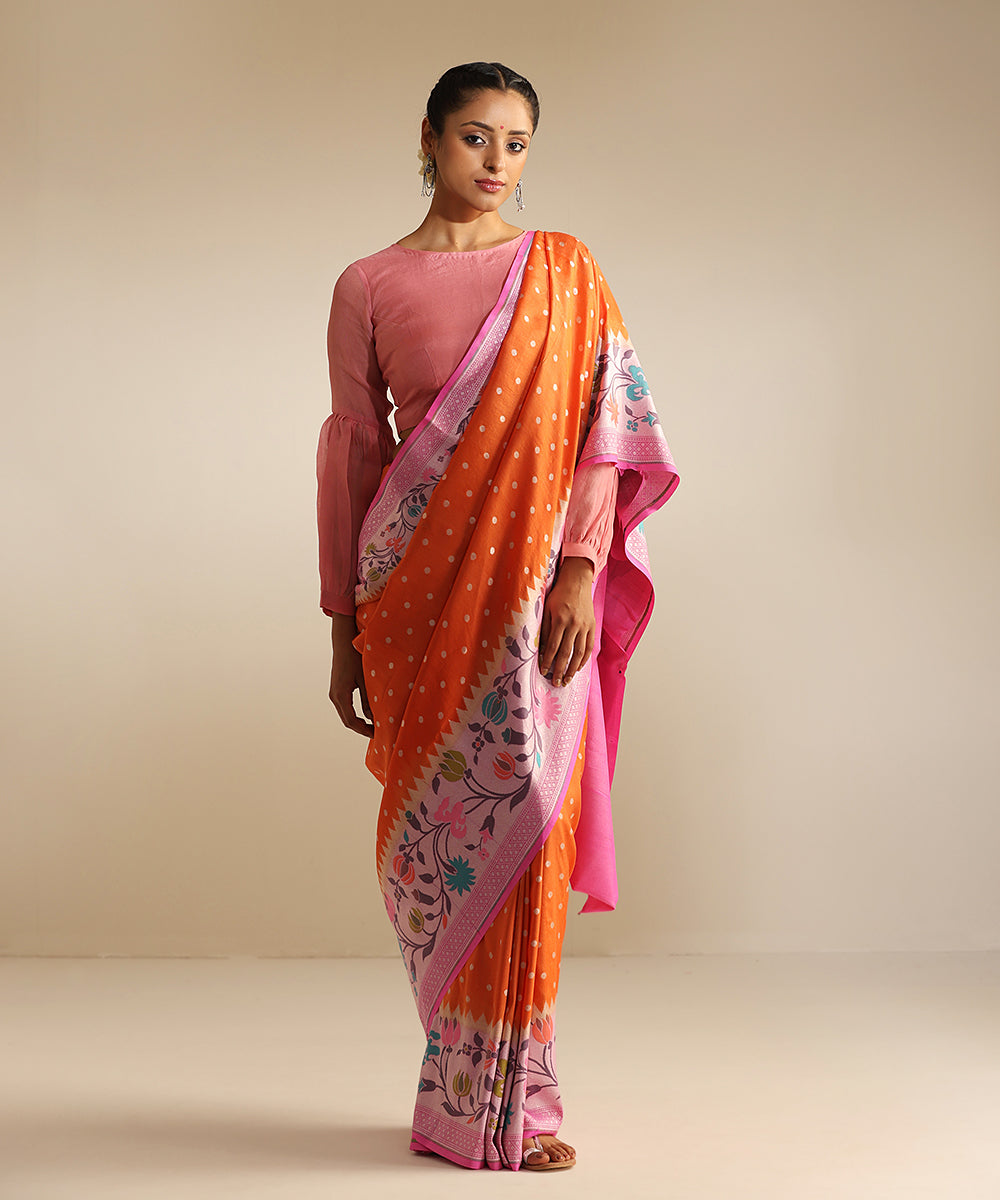 Orange_Handloom_Tussar_Georgette_Banarasi_Saree_With_Multi_Color_Meenakari_Border_WeaverStory_02