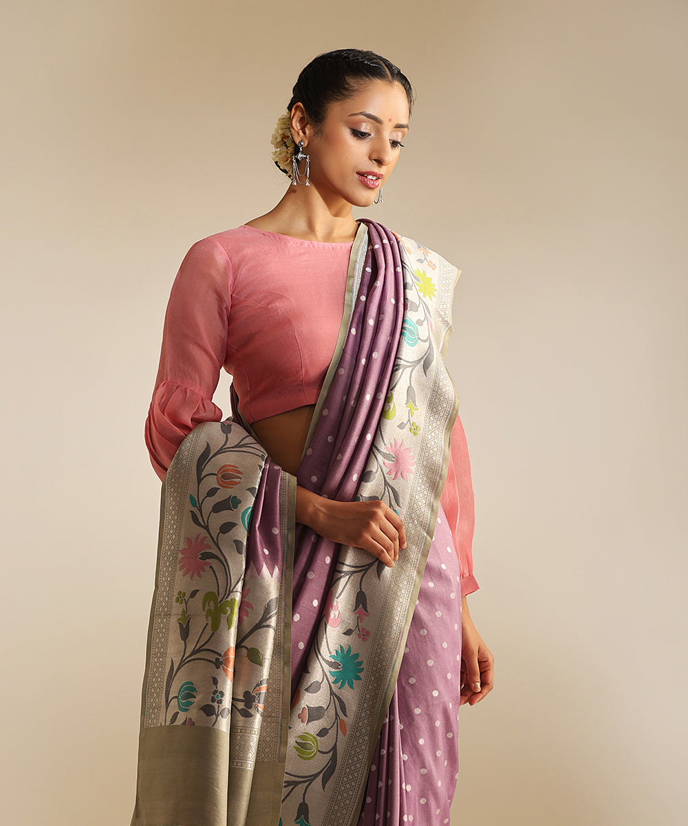 Handloom_Lavender_Tussar_Georgette_Banarasi_Saree_With_Silver_Booti_And_Multi_Color_Meenakari_Border_WeaverStory_01