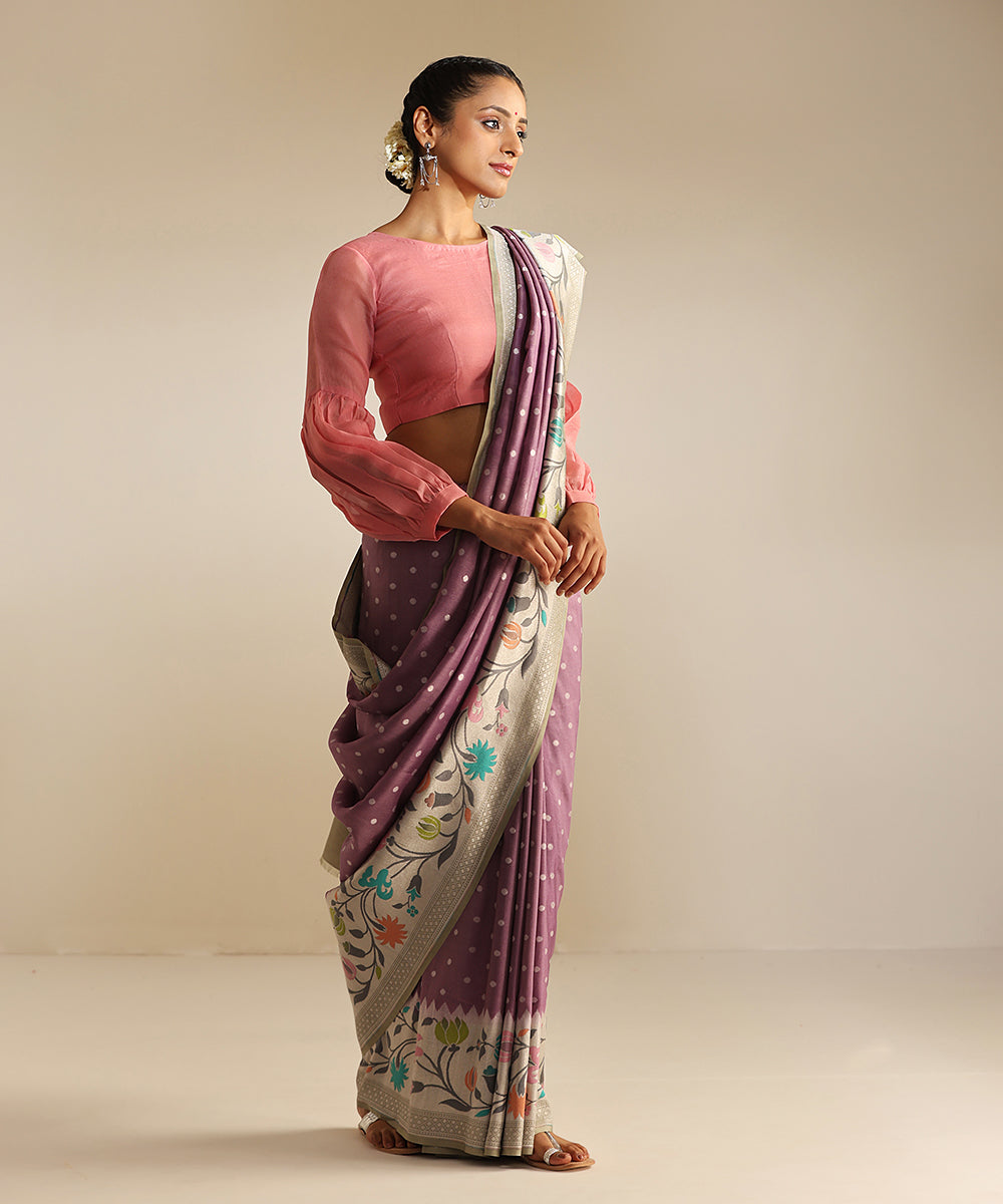 Handloom_Lavender_Tussar_Georgette_Banarasi_Saree_With_Silver_Booti_And_Multi_Color_Meenakari_Border_WeaverStory_02