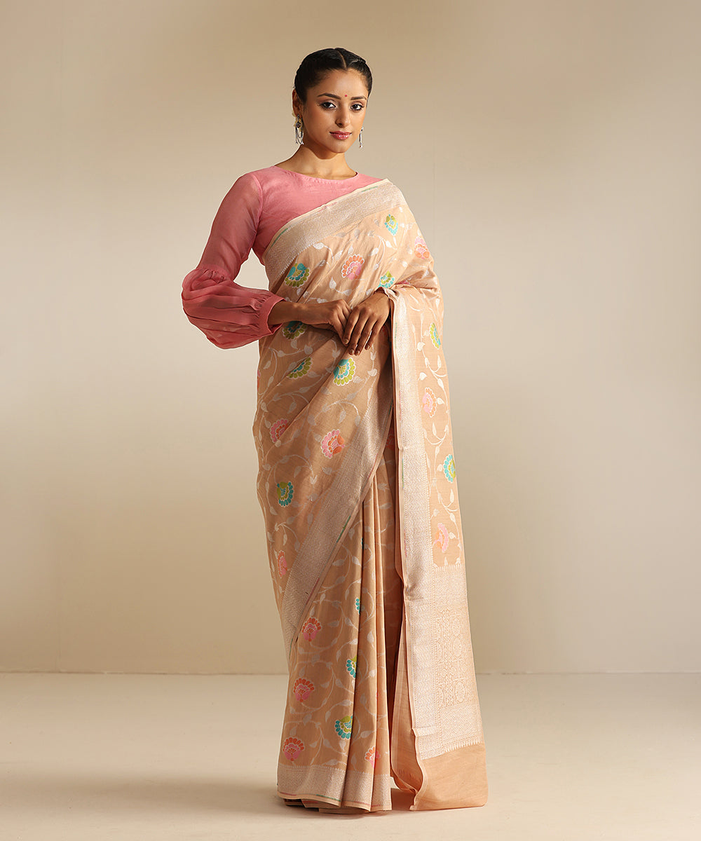 Tan_Handloom_Tussar_Georgette_Banarasi_Saree_With_Multi_Color_Meenakari_WeaverStory_02