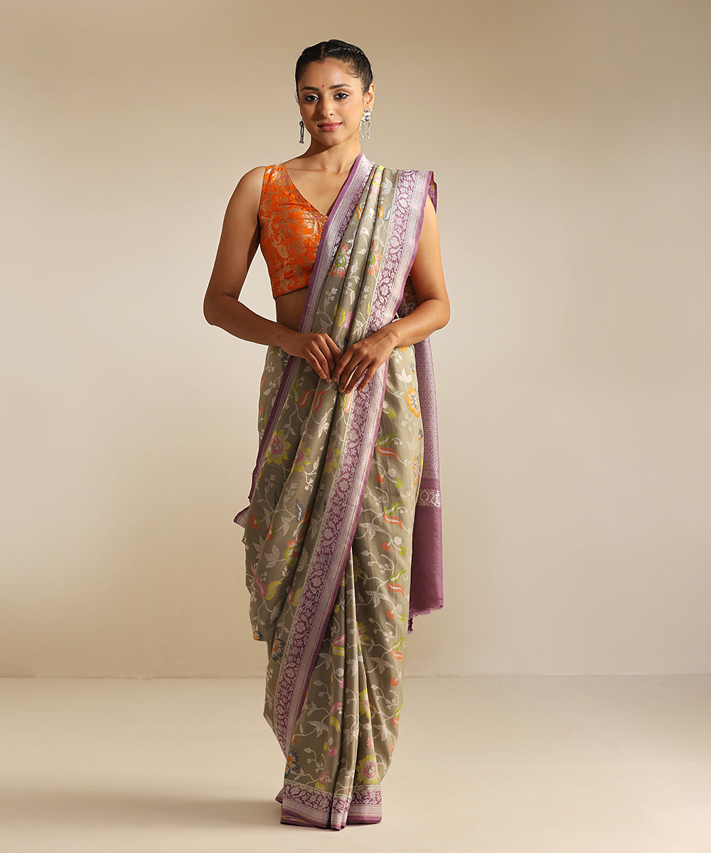 Handloom_Grey_Tussar_Georgette_Banarasi_Saree_With_Multi_Color_Meenakari_WeaverStory_02