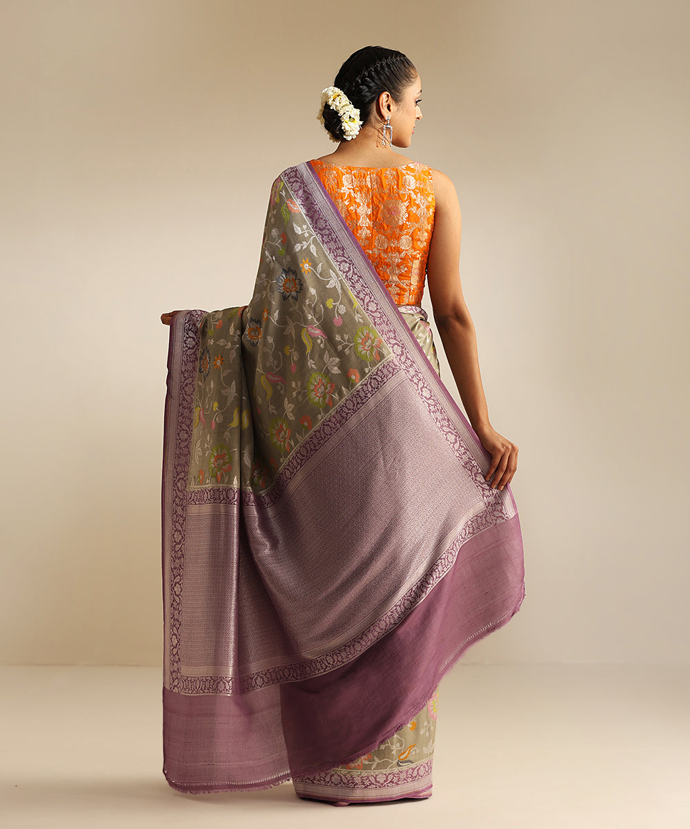 Handloom_Grey_Tussar_Georgette_Banarasi_Saree_With_Multi_Color_Meenakari_WeaverStory_03