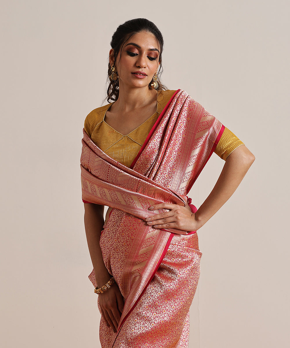 Handloom_Rani_Pink_Pure_Katan_Silk_Kimkhab_Banarasi_Saree_With_Yellow_Meenakari_WeaverStory_01