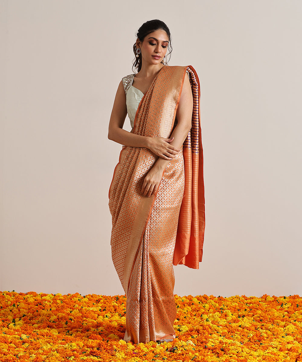 Orange_Handloom_Pure_Katan_Silk_Kimkhab_Banarasi_Saree_With_Blue_Meenakari_WeaverStory_02