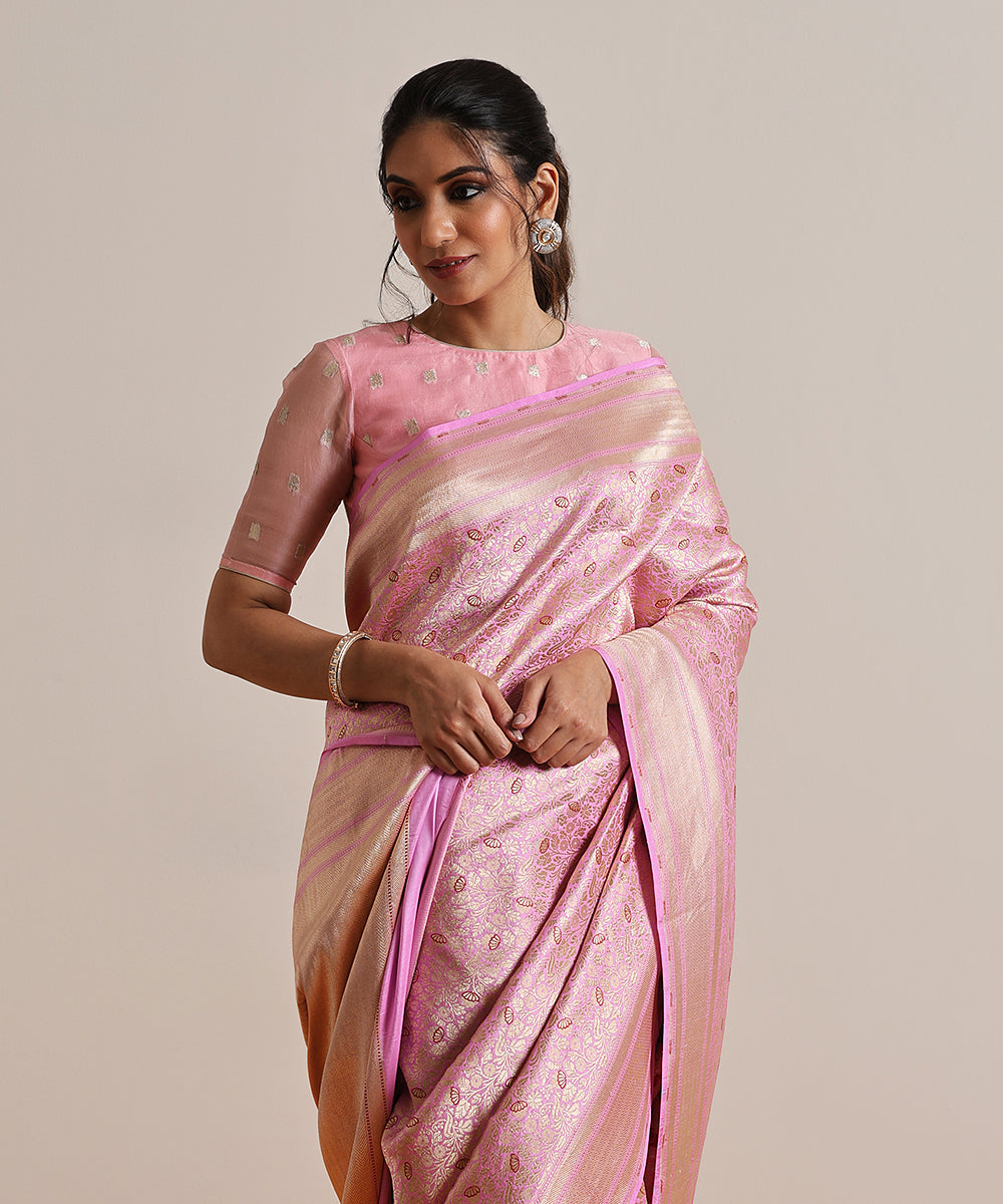 Handloom_Pink_Pure_Katan_Silk_Kimkhab_Banarasi_Saree_With_Red_Meenakari_WeaverStory_01