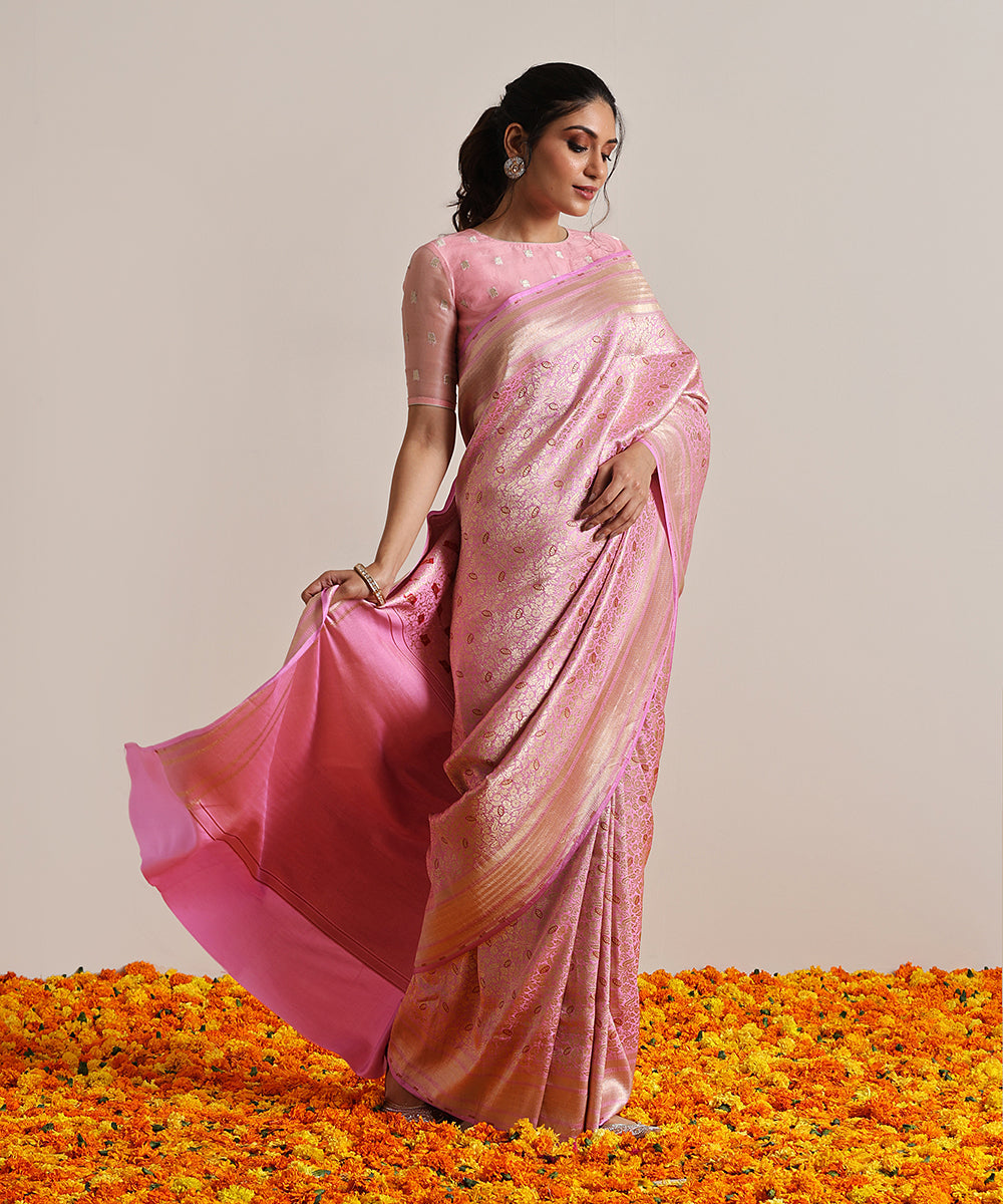 Handloom_Pink_Pure_Katan_Silk_Kimkhab_Banarasi_Saree_With_Red_Meenakari_WeaverStory_02