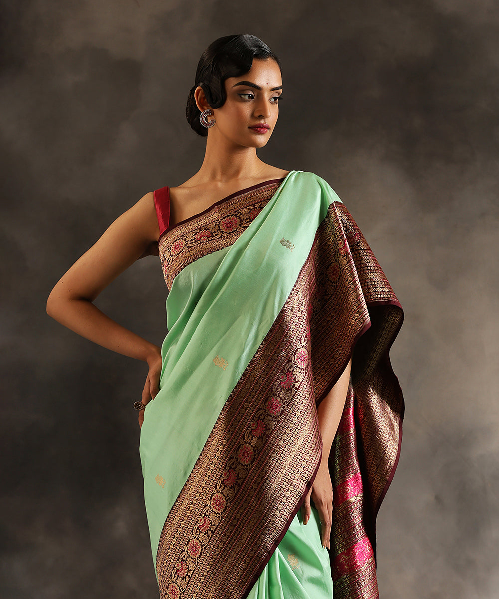 Handloom_Mint_Green_Pure_Katan_Silk_Banarasi_Saree_With_Purple_Meenakari_Border_WeaverStory_01