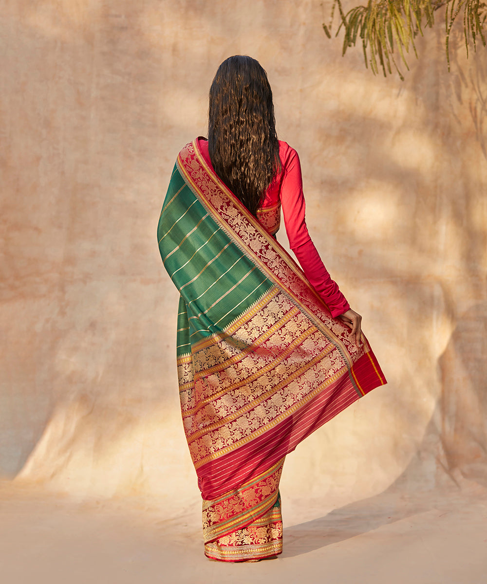 Dark_Green_Handloom_Pure_Katan_Silk_Striped_Banarasi_Saree_With_Meenakari_Border_WeaverStory_03