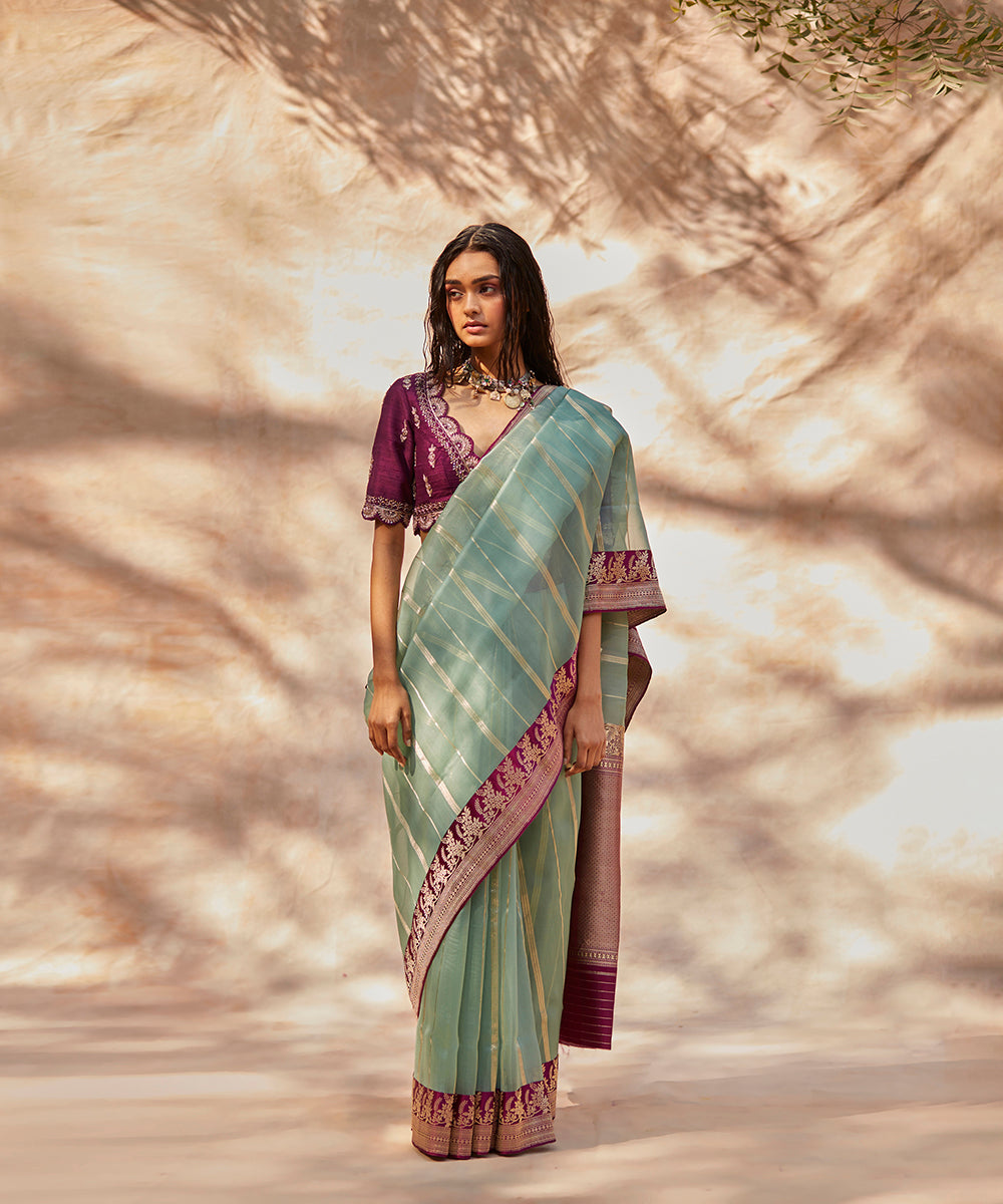 Sage_Green_Handloom_Pure_Kora_Silk_Stiped_Saree_Banarasi_Saree_With_Meenakari_Border_WeaverStory_02