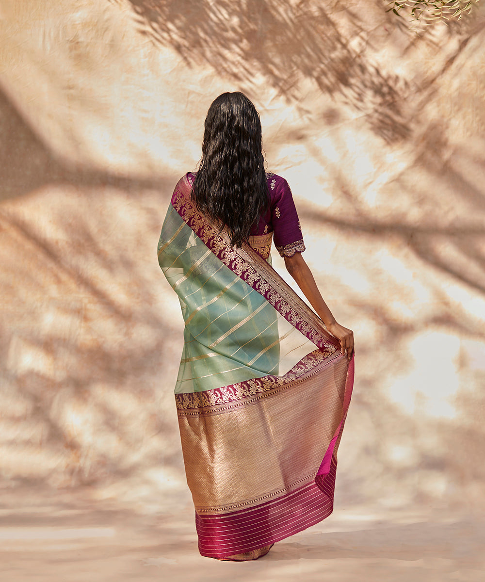 Sage_Green_Handloom_Pure_Kora_Silk_Stiped_Saree_Banarasi_Saree_With_Meenakari_Border_WeaverStory_03