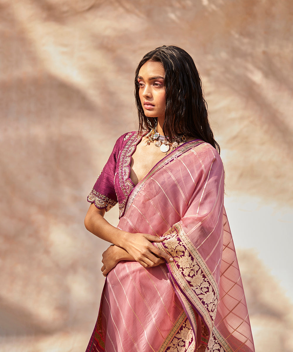 Handloom_Pink_Pure_Kora_Silk_Stiped_Saree_Banarasi_Saree_With_Meenakari_Border_WeaverStory_01