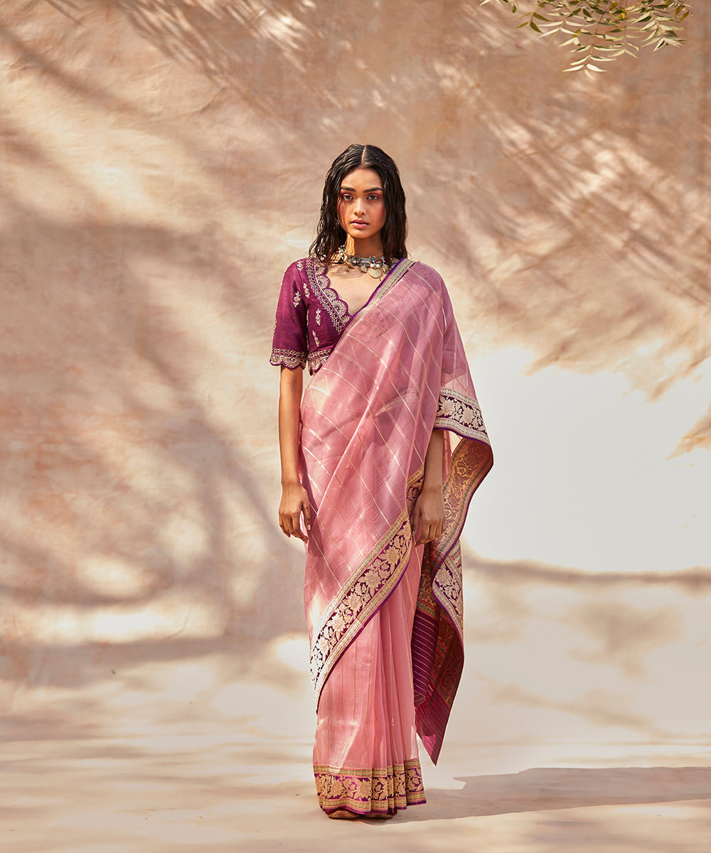 Handloom_Pink_Pure_Kora_Silk_Stiped_Saree_Banarasi_Saree_With_Meenakari_Border_WeaverStory_02