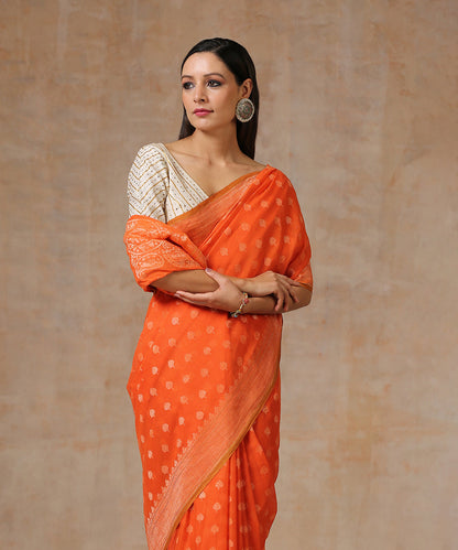 Orange_Handloom_Pure_Cotton_Jamdani_Banarasi_Saree_Silver_With_Kadhwa_Booti_WeaverStory_01