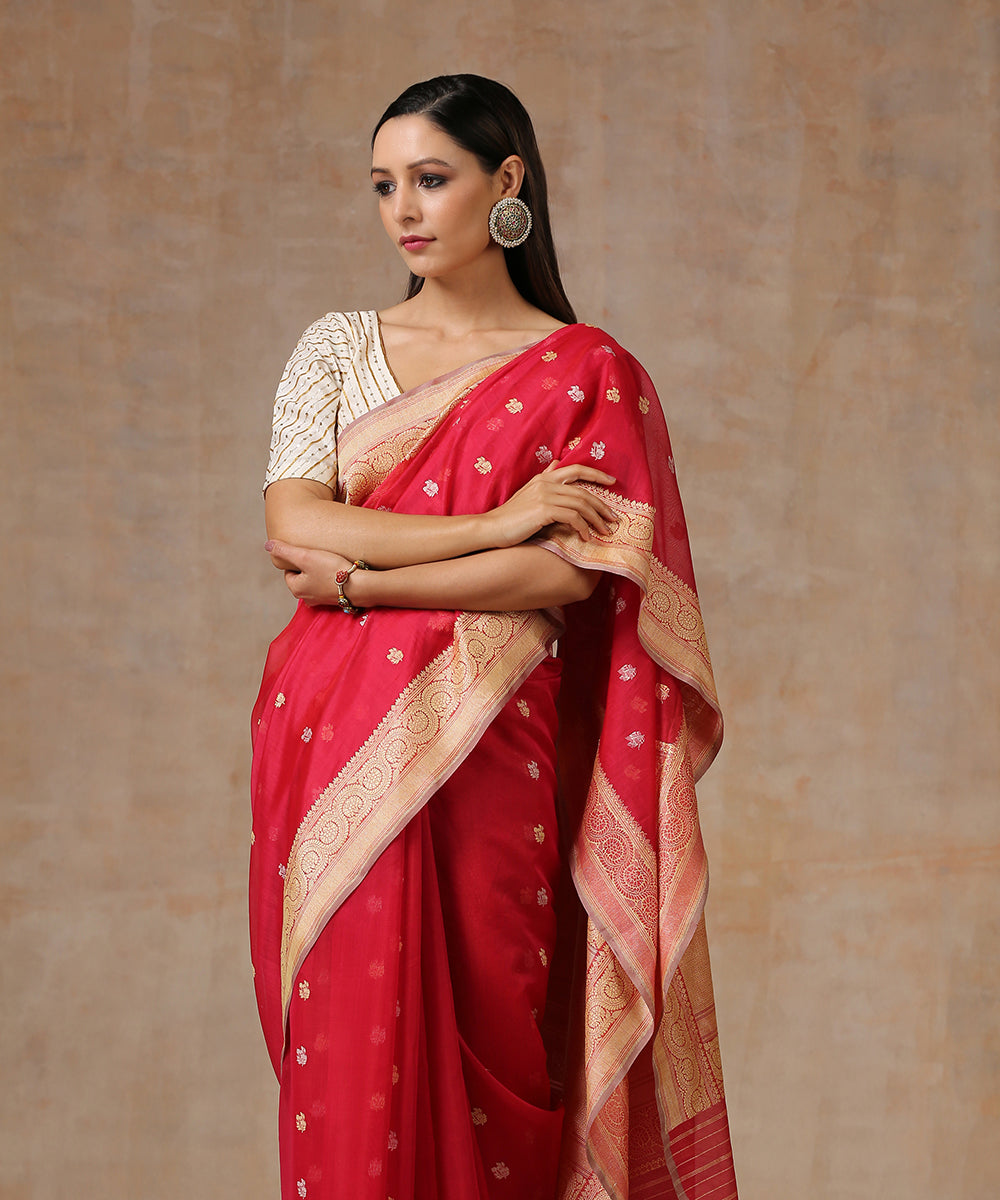 Rani_Pink_Handloom_Pure_Cotton_Banarasi_Saree_With_Grey_Selvedge_WeaverStory_01