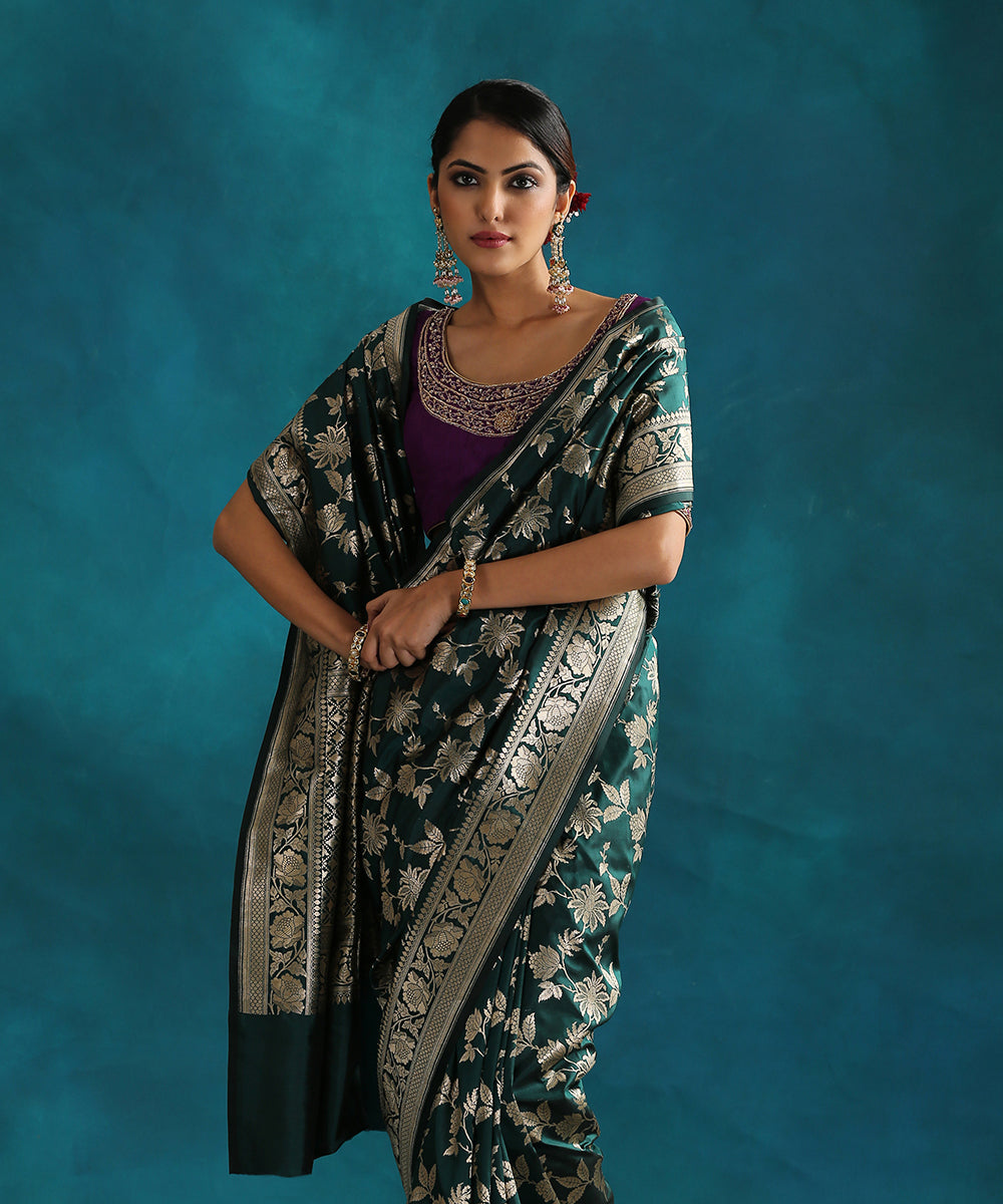 Handloom_Dark_Green_Pure_Katan_Silk_Banarasi_Saree_With_Cutwork_Upada_Weave_WeaverStory_01