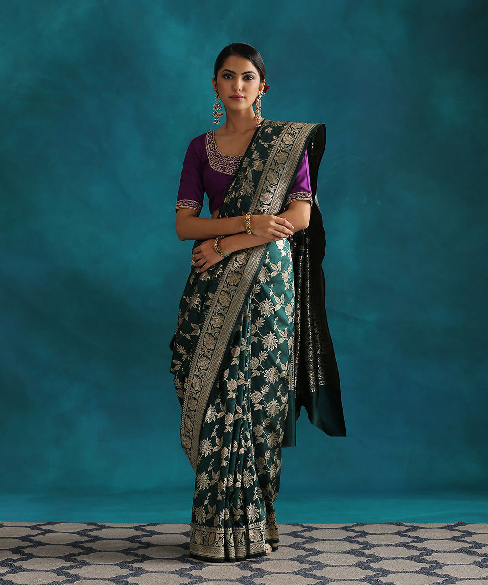 Handloom_Dark_Green_Pure_Katan_Silk_Banarasi_Saree_With_Cutwork_Upada_Weave_WeaverStory_02