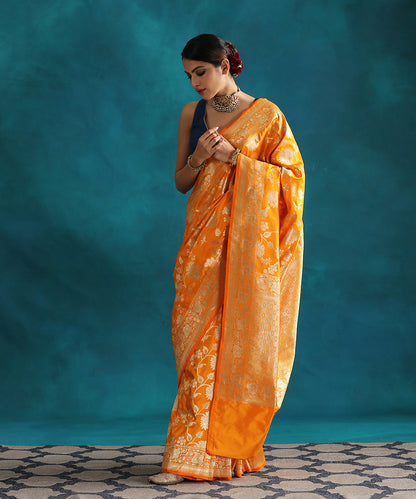 Orange_Handloom_Pure_Katan_Silk_Banarasi_Saree_With_Floral_Jaal_WeaverStory_02