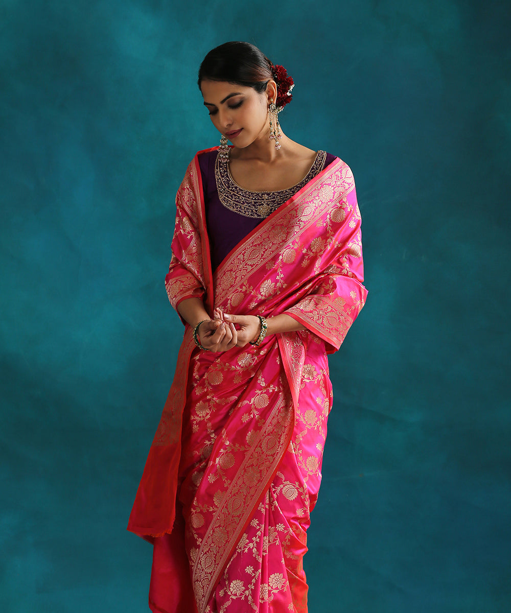 Hot_Pink_Handloom_Double_Shade_Pure_Katan_Silk_Banarasi_Saree_With_Cutwork_Upada_Weave_WeaverStory_01