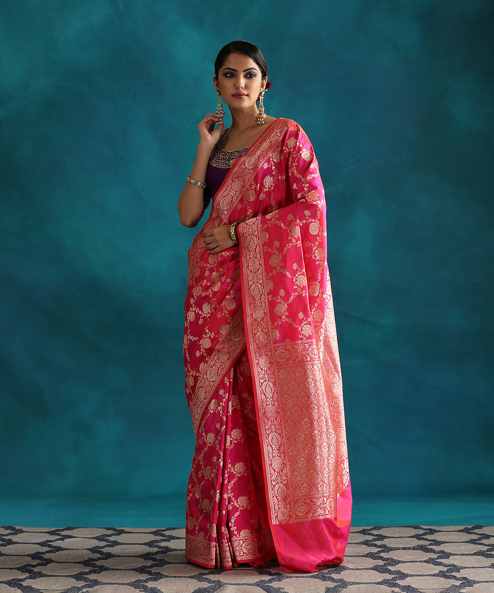 Hot_Pink_Handloom_Double_Shade_Pure_Katan_Silk_Banarasi_Saree_With_Cutwork_Upada_Weave_WeaverStory_02