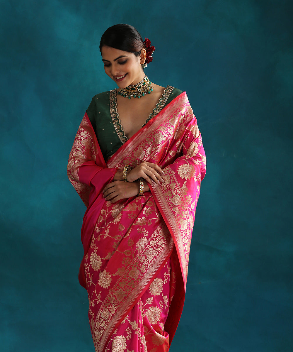 Handloom_Hot_Pink_Double_Shade_Pure_Katan_Silk_Banarasi_Saree_With_Cutwork_Upada_Weave_WeaverStory_01