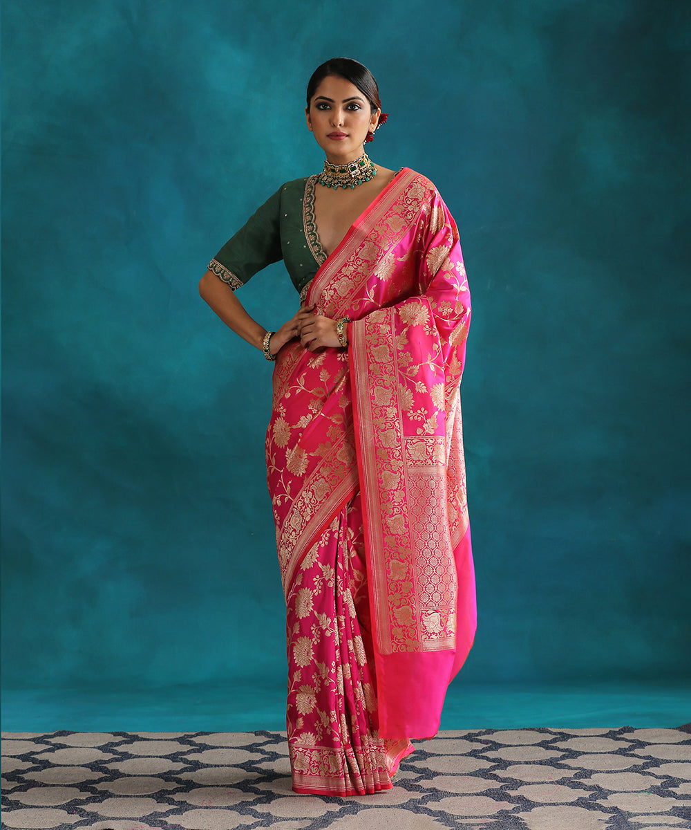 Handloom_Hot_Pink_Double_Shade_Pure_Katan_Silk_Banarasi_Saree_With_Cutwork_Upada_Weave_WeaverStory_02