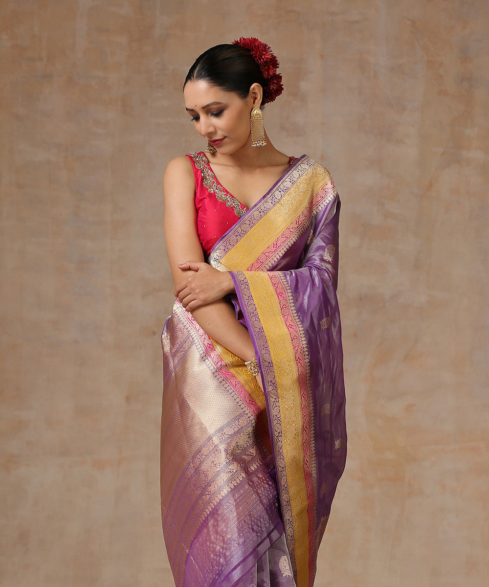 Handloom_Purple_Pure_Organza_Tissue_Banarasi_Saree_With_Multicolor_Border_WeaverStory_01