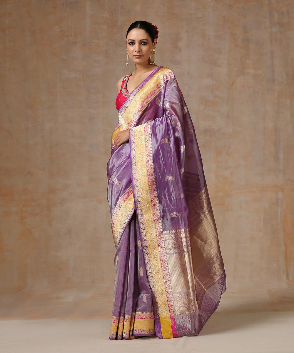 Handloom_Purple_Pure_Organza_Tissue_Banarasi_Saree_With_Multicolor_Border_WeaverStory_02
