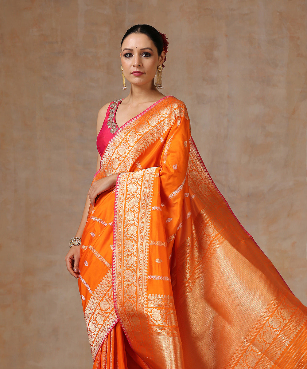 Handloom_Orange_Pure_Katan_Silk_Banarasi_Saree_With_Stripes_WeaverStory_01