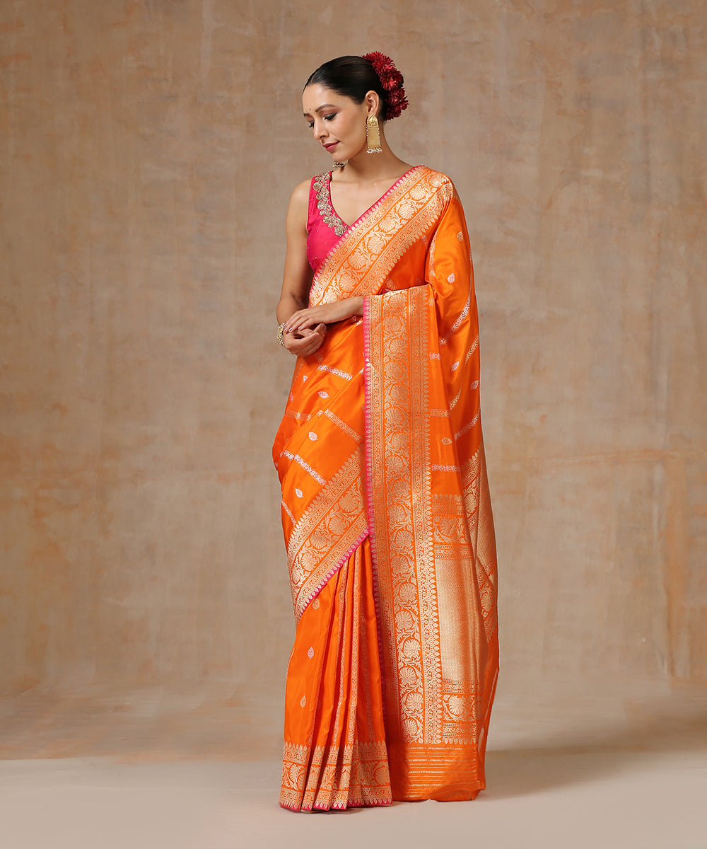 Handloom_Orange_Pure_Katan_Silk_Banarasi_Saree_With_Stripes_WeaverStory_02