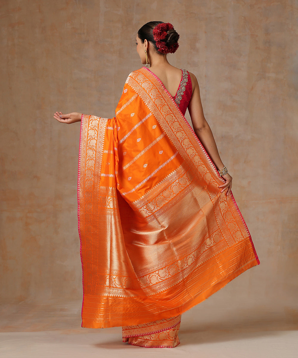 Handloom_Orange_Pure_Katan_Silk_Banarasi_Saree_With_Stripes_WeaverStory_03