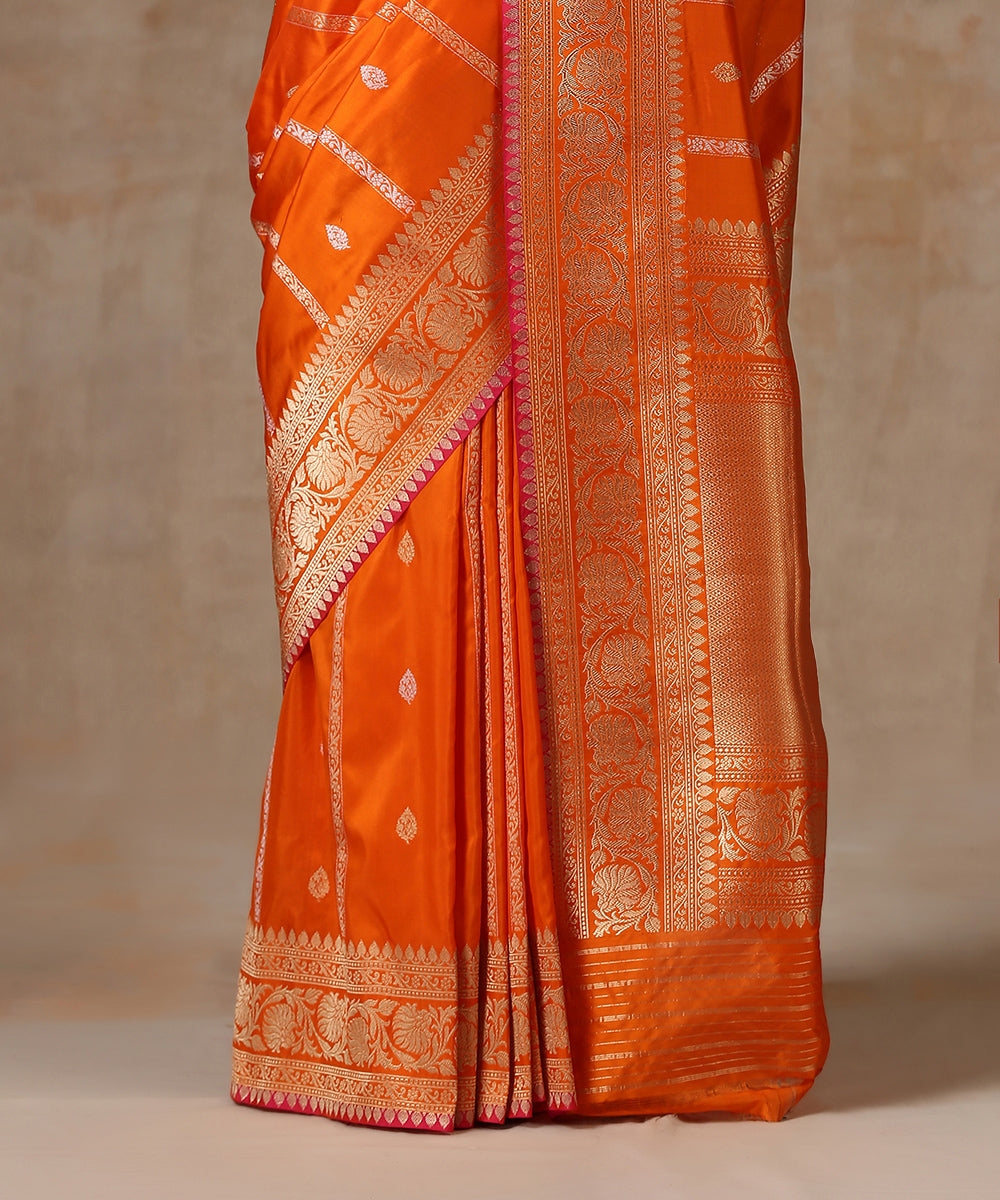 Handloom_Orange_Pure_Katan_Silk_Banarasi_Saree_With_Stripes_WeaverStory_04