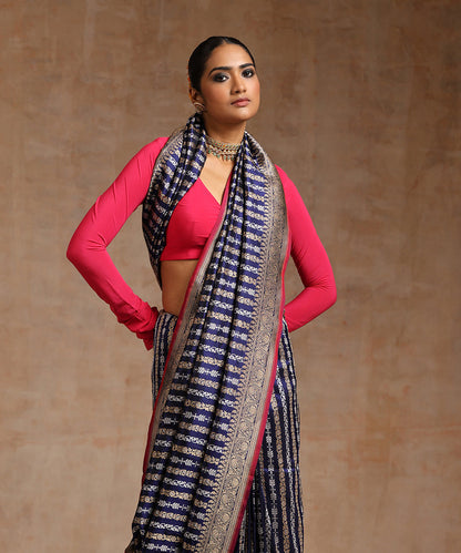 Blue_Handloom_Pure_Katan_Silk_Banarasi_Saree_With_Vertical_Stripes_WeaverStory_01