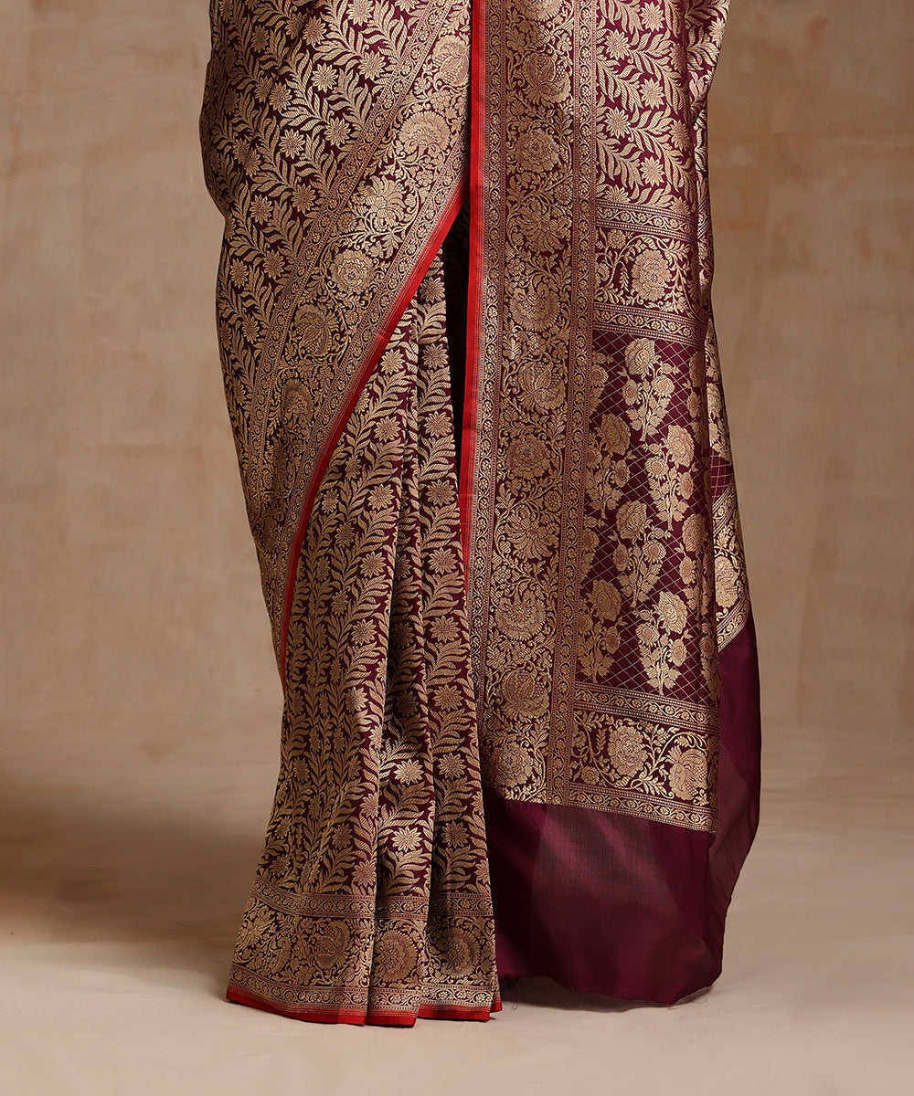 Wine_Handloom_Antique_Zari_Pure_Katan_Silk_Kimkhab_Banarasi_Saree_WeaverStory_04