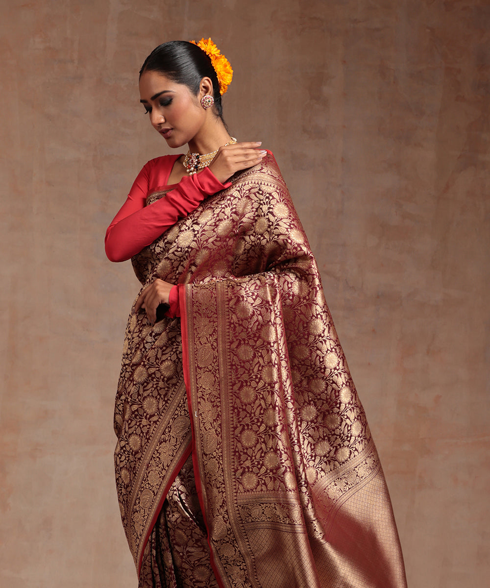 Wine_Handloom_Pure_Katan_Silk_Kimkhab_Banarasi_Saree_With_Antique_Zari_WeaverStory_01