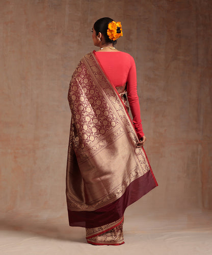 Wine_Handloom_Pure_Katan_Silk_Kimkhab_Banarasi_Saree_With_Antique_Zari_WeaverStory_03