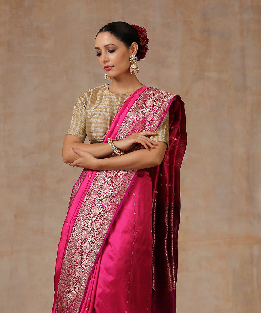 Handloom_Rani_Pink_Pure_Katan_Silk_Banarasi_Saree_With_Zari_Border_WeaverStory_01