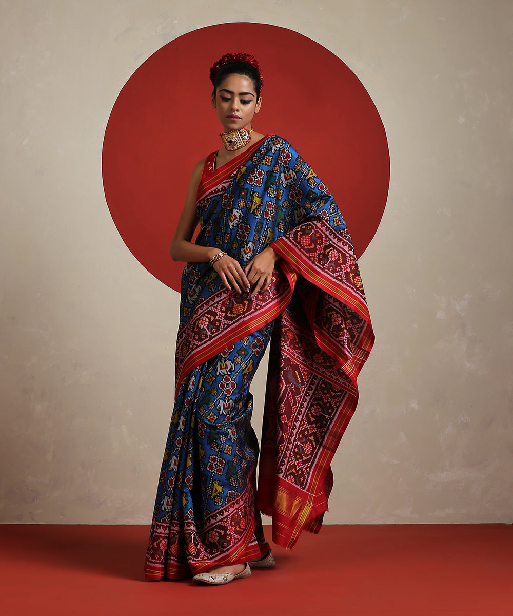 Blue_Handloom_Pure_Mulberry_Silk_Patola_Saree_With_Red_Border_WeaverStory_02