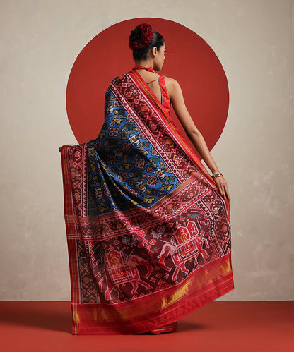 Blue_Handloom_Pure_Mulberry_Silk_Patola_Saree_With_Red_Border_WeaverStory_03