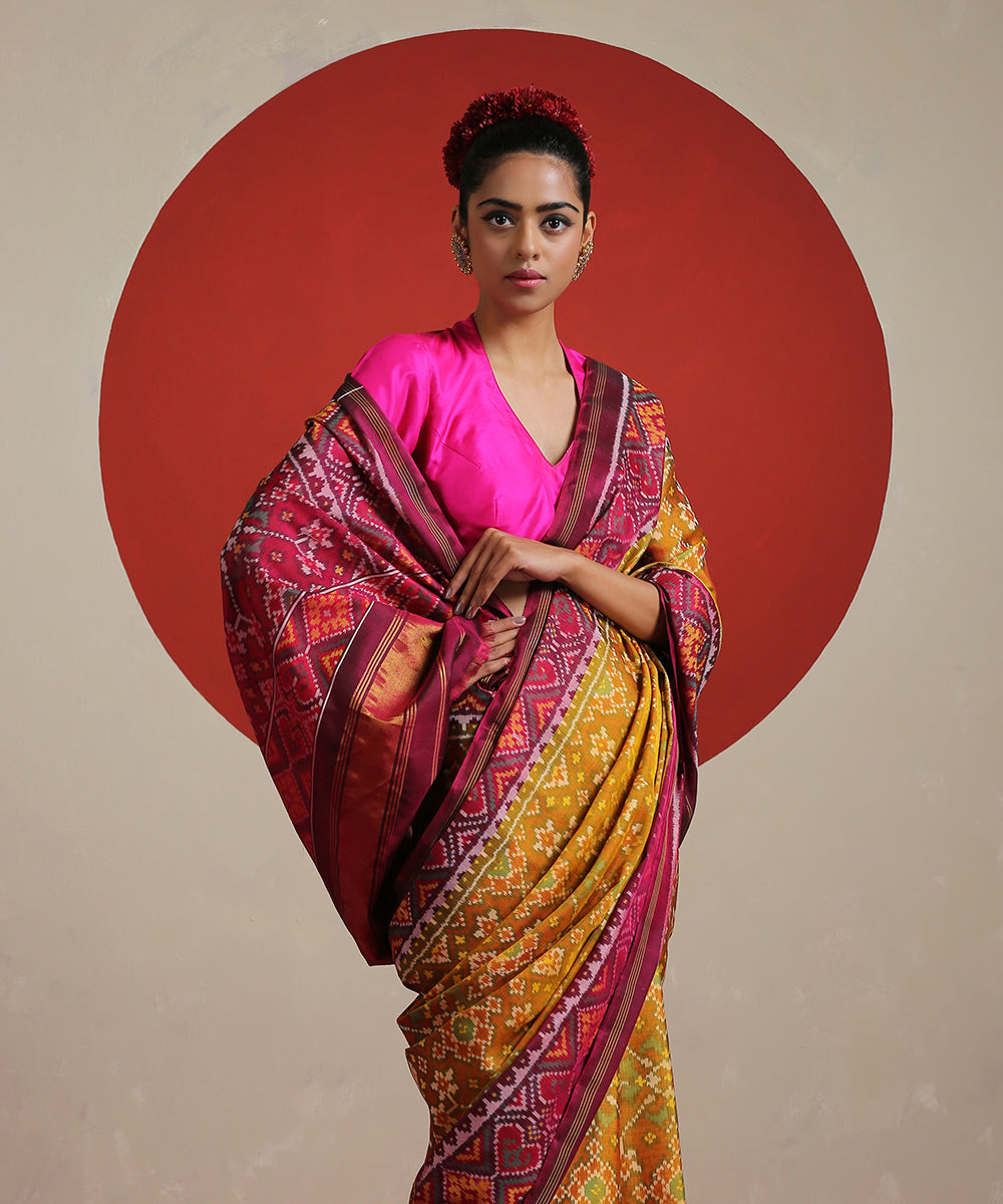 Mustard_Handloom_Pure_Mulberry_Silk_Patola_Saree_With_Single_Ikat_Weave_WeaverStory_01