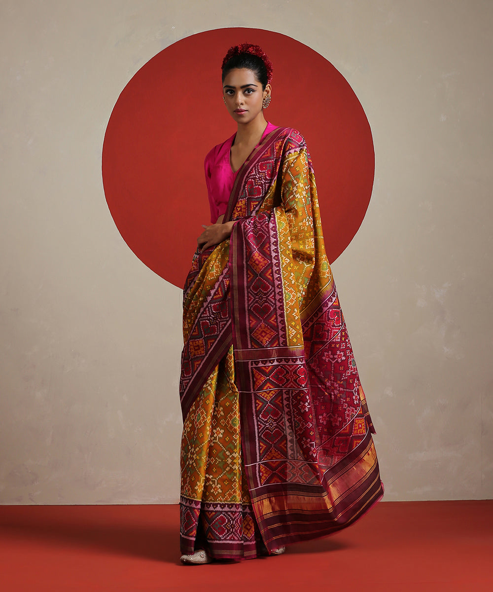 Mustard_Handloom_Pure_Mulberry_Silk_Patola_Saree_With_Single_Ikat_Weave_WeaverStory_02