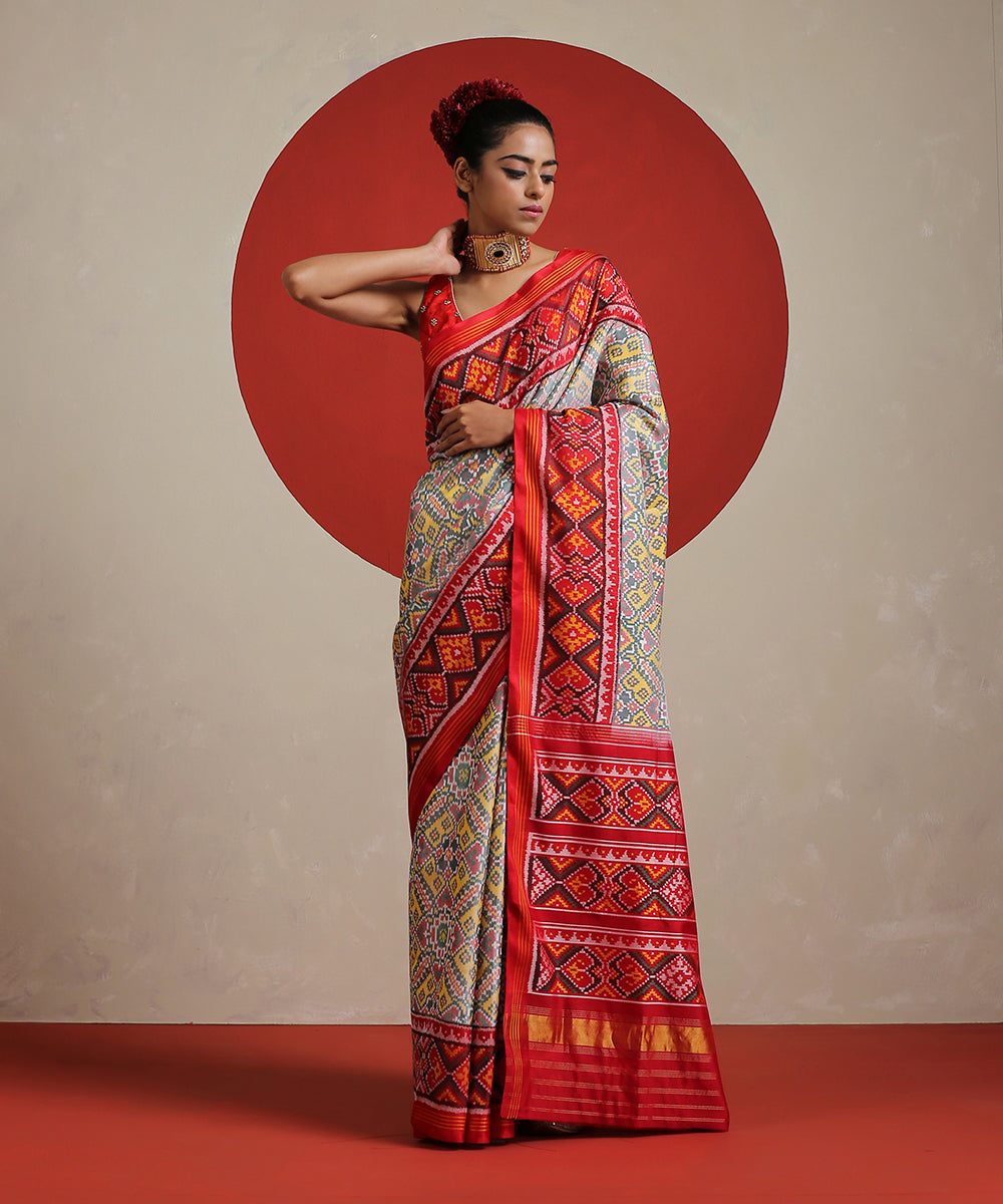Grey_Handloom_Pure_Mulberry_Ikat_Patola_Saree_With_Red_Border_WeaverStory_02