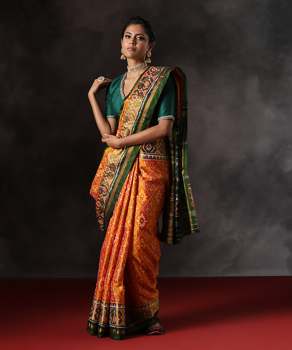 Handloom_Mustard_Pure_Mulberry_Silk_Single_Ikat_Patola_Saree_With_Green_Tissue_Border_WeaverStory_02